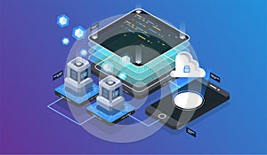 Isometric design concept virtual reality and augmented reality. software development and programming. Computation of big data