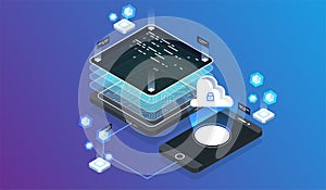 Isometric design concept virtual reality and augmented reality. software development and programming. Computation of big data
