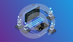 Isometric design concept virtual reality and augmented reality. software development and programming. Computation of big data