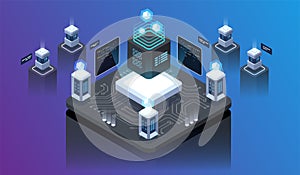 Isometric design concept virtual reality and augmented reality. software development and programming. Computation of big data