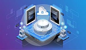 Isometric design concept virtual reality and augmented reality. software development and programming. Computation of big data