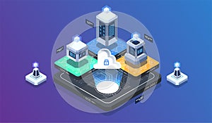 Isometric design concept virtual reality and augmented reality. software development and programming. Computation of big data