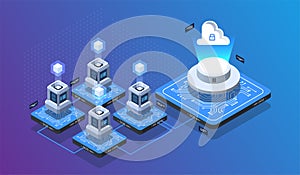 Isometric design concept virtual reality and augmented reality. software development and programming. Computation of big data