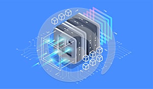 Isometric design concept virtual reality and augmented reality. software development and programming. Computation of big data