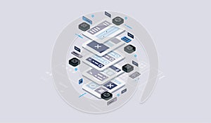 Isometric design concept virtual reality and augmented reality. software development and programming. Computation of big data