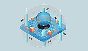 Isometric design concept virtual reality and augmented reality. software development and programming. Computation of big data