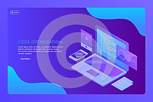 Isometric design concept of web development, programming, coding, software, binary code, information technology, web banner.