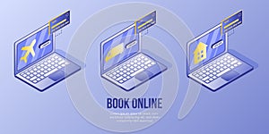 Isometric design digital concept set - book online services on laptop mobile app screens.Isometric business social icons-laptop,