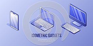 Isometric design digital concept set of different gadgets for mobile app,internet page,banner.Isometric business icons-smart phone