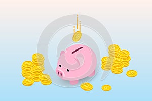 Isometric design of piggy bank with coins and falling coin. The money collecting concept, deposit for future invesment in financia