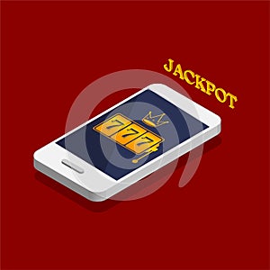 Isometric design of slot machine with lucky sevens jackpot on a phone screen.