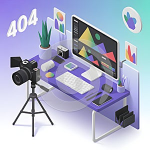 Isometric desk with camera computer and 404 error graphic keyboard