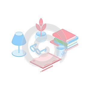 Isometric desktop. Books, lamp, glasses, plant, pencil and cup on the surface of the table