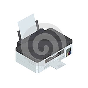 Isometric detailed color inkjet printer icon. Isolated on white.