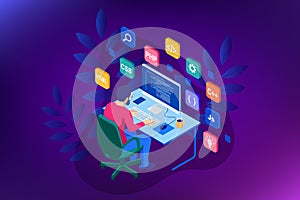 Isometric Developing programming and coding technologies. Website design. Vector illustration
