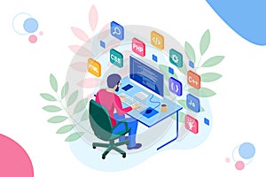 Isometric Developing programming and coding technologies. Website design. Vector illustration