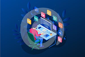 Isometric Developing programming and coding technologies. Website design. Vector illustration