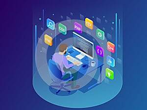 Isometric Developing programming and coding technologies. Young programmer coding a new project using computer. Man