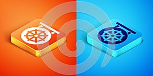 Isometric Dharma wheel icon isolated on orange and blue background. Buddhism religion sign. Dharmachakra symbol. Vector