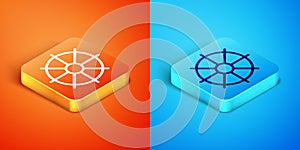 Isometric Dharma wheel icon isolated on orange and blue background. Buddhism religion sign. Dharmachakra symbol. Vector