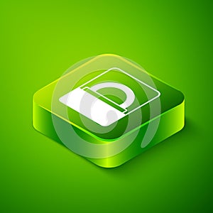 Isometric Diamond engagement ring in a box icon isolated on green background. Green square button. Vector