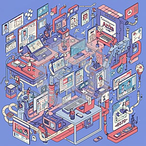 Isometric digital art illustrating a complex network of