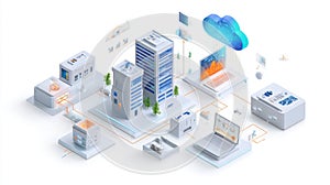 Digital Cityscape With Interconnected Buildings And Cloud Computing Services