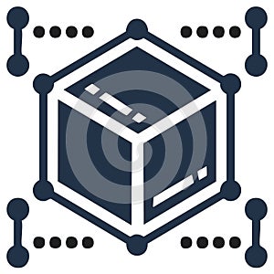 Isometric digital cube connected in a distributed network, symbolizing data, blockchain technology, and global computing