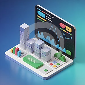 Isometric digital dashboard with bar charts line graph and data visualization elements