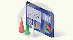 Isometric digital dashboard with charts and graphs showing data analytics insights
