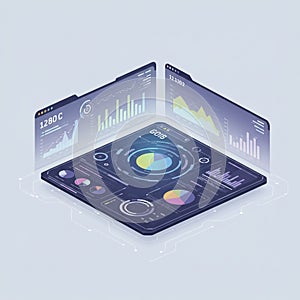 Isometric digital dashboard displaying various analytical charts and graphs. The