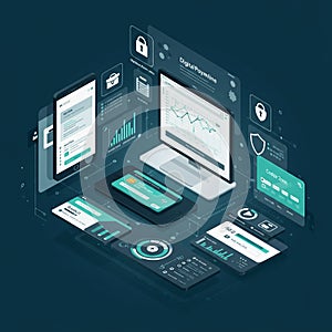 Isometric digital dashboard showing a futuristic financial data interface. Displays