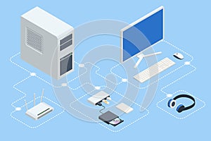 Isometric digital devices. Home computer network. Home wifi network. Internet via router on computer. Computer and