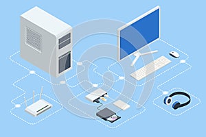 Isometric digital devices. Home computer network. Home wifi network. Internet via router on computer. Computer and photo