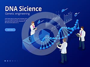 Isometric Digital DNA structure in blue background. Science concept. DNA sequence, Nanotechnology vector illustration.