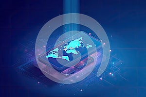 Global Connectivity: Smartphone Displaying World Map on Digital Network