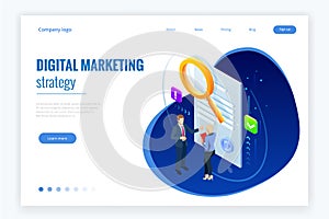 Isometric digital marketing strategy concept. Online business, internet marketing idea, office and finance objects