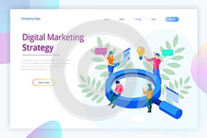 Isometric Digital marketing strategy web banner concept. Analysis data cloud and Investment landing page. Media