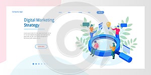 Isometric Digital marketing strategy web banner concept. Analysis data cloud and Investment landing page. Media