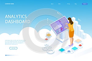 Isometric digital monitor with infographics. Female standing at the big display. Concept of business assistance