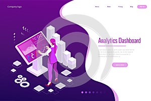 Isometric digital monitor with infographics. Female standing at the big display. Concept of business assistance