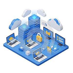 Isometric digital network with laptops servers cloud storage and security padlock technology