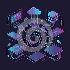 Isometric digital network connecting cloud servers and devices technology cloud computing