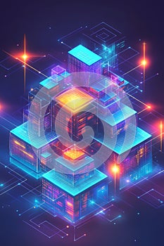 Isometric Digital Network Design Showcasing Vibrant Data Representation in Modern Visual Aesthetics