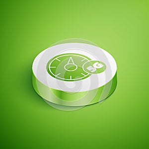 Isometric Digital speed meter concept with 5G icon isolated on green background. Global network high speed connection