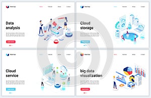 Isometric digital technology of big data analysis vector illustrations, concept banner set for database cloud storage