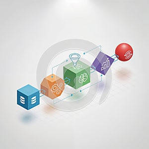 An isometric digital workflow diagram showing data input, processing, analysis, and output stages connected by clear directional