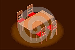 Isometric dining table and red chair in dark brown room