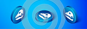 Isometric Dinosaur skull icon isolated on blue background. Blue circle button. Vector