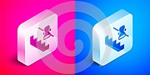 Isometric Disabled access elevator lift escalator icon isolated on pink and blue background. Movable mechanical chair